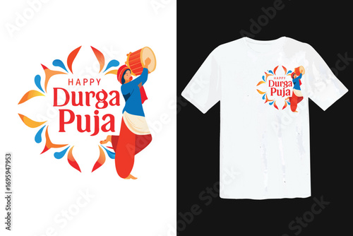 Woman playing drum happy durga puja graphic design