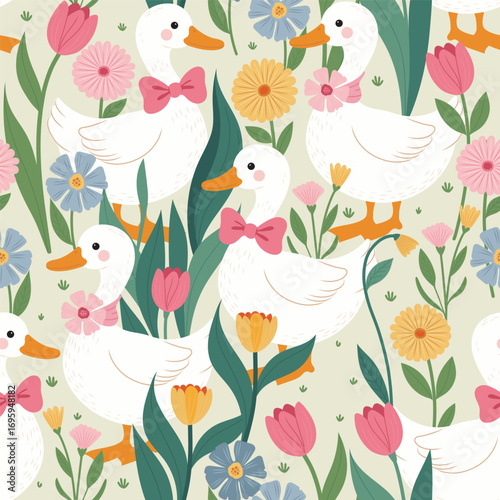 Silly Goose Seamless Pattern with Ducks, Bows and Colorful Spring Flowers.
