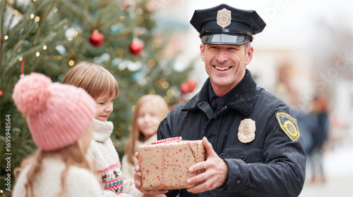 american police officer joyfully hands beautifully wrapped gift to delighted girl in front of festive christmas