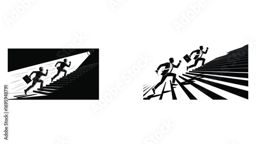 Business competition silhouette of men running upstairs with briefcase