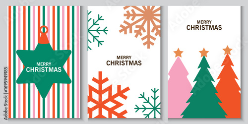Merry Christmas and Happy New Year background, banner, cover, poster design with trendy flat style.Creative retro hand drawn Christmas cards, Festive xmas concept  in modern minimalist geometric style