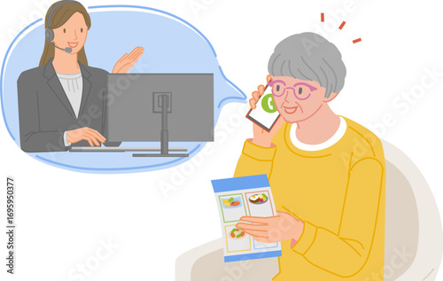 ミールキットの宅配サービスのコールセンターにスマホで電話する笑顔のシニア女性