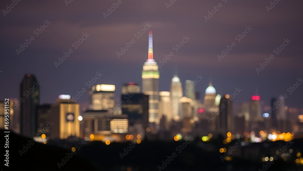 Fototapeta premium A vibrant city skyline illuminated by glowing lights against a softly blurred night backdrop.