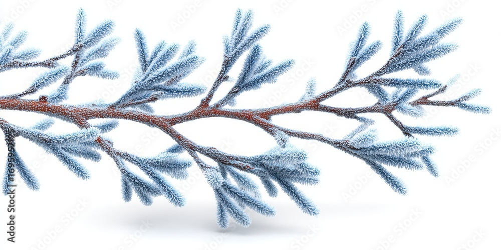 Fototapeta premium Frosted pine branches isolated on a pristine white background, serene winter scene