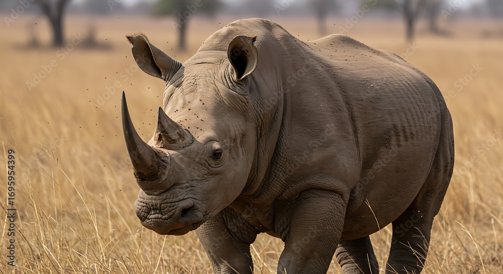 Obraz premium A large rhinoceros walks through a dry grassy field with trees in the background