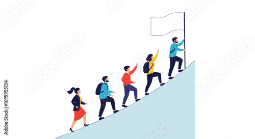 Five diverse individuals ascend a steep hill towards a flag symbolizing achievement and success