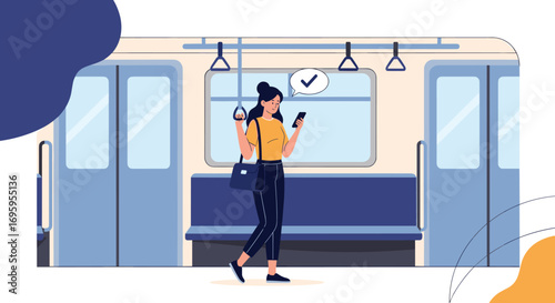 A woman using her mobile phone while riding a train on her daily commute through the city