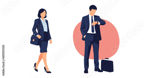 Business professionals in formal attire posing strategically with briefcases and bags