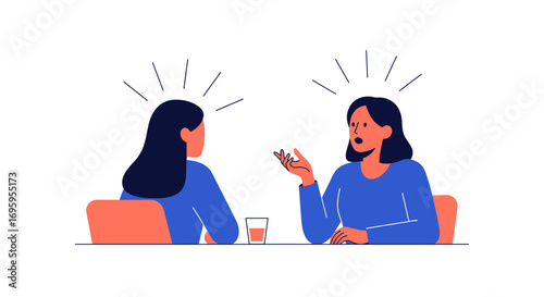 Two women in blue tops sitting at a table discussing ideas while gesturing with their hands emitting radiating lines suggesting thought or communication