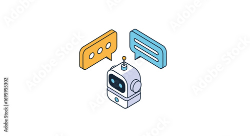 Modern digital robot assistant engaged in conversational communication with speech bubbles indicating dialogue and interaction