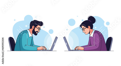 Two professionals working collaboratively on separate laptops in a modern office setting creating a focused atmosphere