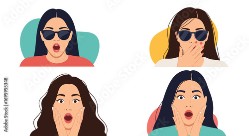 Four women show astonishment surprise shock and amazement with open mouths and wide eyes expressing strong emotions