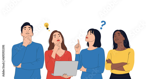 Diverse group of young adults pondering ideas and solutions with questions and lightbulbs above their heads