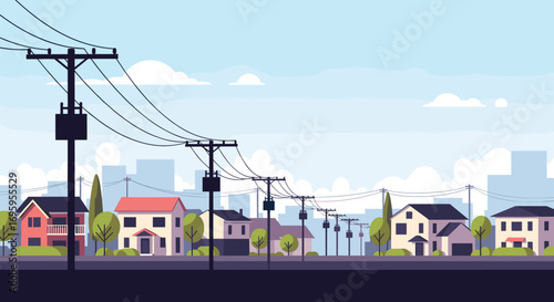 A peaceful suburban neighborhood under a clear blue sky with many power lines stretching across the horizon