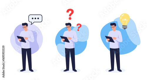 Man thinking about ideas using digital tablet demonstrating communication confusion and innovation concepts