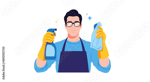 Professional cleaning service provider equipped with cleaning supplies ready for housekeeping tasks