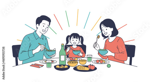 Happy family enjoying delicious meal together around a dining table full of food