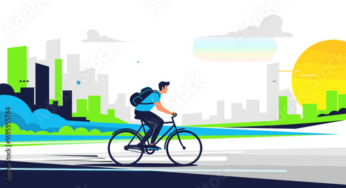 Urban cyclist riding a bicycle through a city with green skyscrapers and a bright sun setting