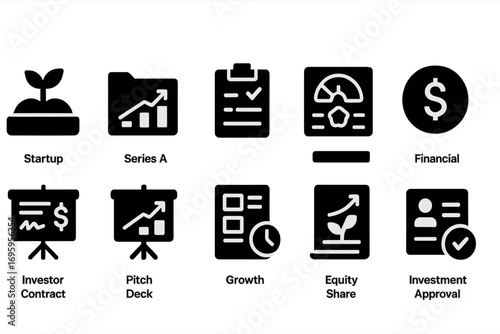 Business and financial solid icon set. startup, series a, investment icons collection