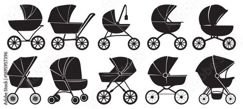 Baby Stroller Icons baby carriage icon set. Newborn Stroller Vector – Baby Transport Icon Pack.