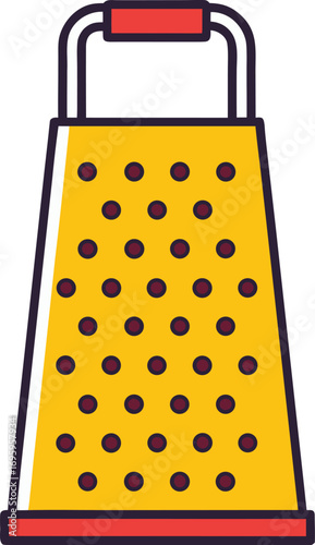 Flat design illustration of a yellow box grater with red handle