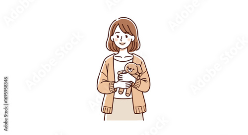 Illustration of a young woman smiling while holding a cute puppy.