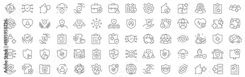 Clean outline insurance icon set covering protection, policy, claim, health, life, home, car, travel, security; editable line stroke vector collection