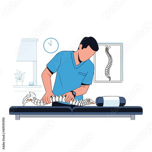 Male Chiropractor Examining a Human Spine Model Illustration.