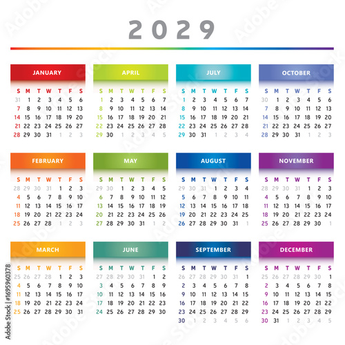 Calendrier Année 2029 en Anglais - Couleurs Arc-en-Ciel Format 4 Trimestres