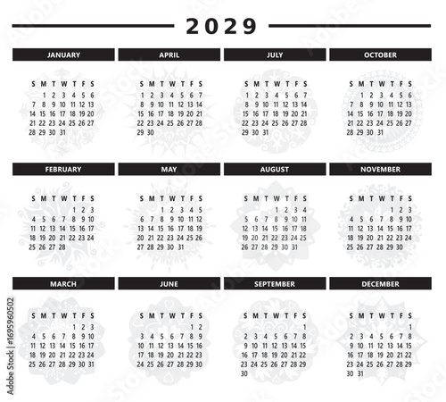 Calendrier Année 2029 en Anglais - Couleurs Noir et Blanc Format 4 Trimestres et Mandalas