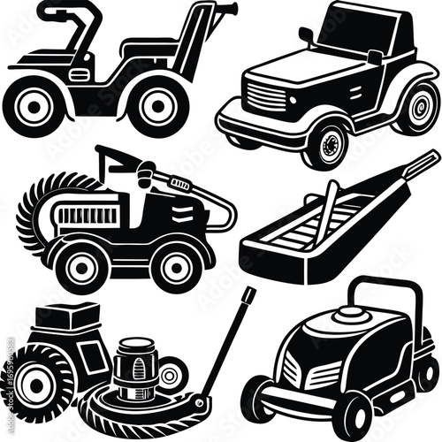 Lawn Care Equipment Icon Set – Black and White Illustrations of Mowers, Edgers, and Garden Machines for Landscaping Design