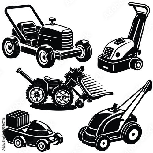 Lawn Care Equipment Icon Set – Black and White Illustrations of Mowers, Edgers, and Garden Machines for Landscaping Design