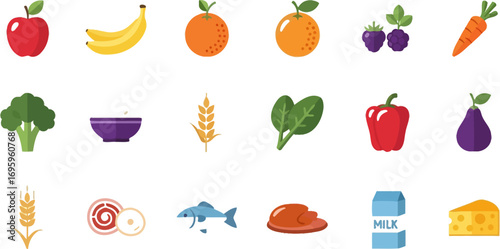 Vibrant collection of healthy food icons representing a balanced diet.