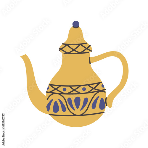 Maghrebi Teapot Hand Drawn Illustration. Decorated vessel for pouring sweet mint tea, iconic Moroccan drink pot drawing for cultural, culinary projects. Vector Flat Icon