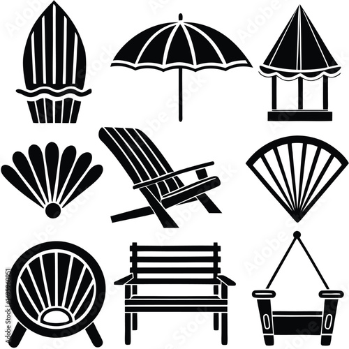 Outdoor Recreation Icon Set – Black and White Illustrations of Camping, Beach, and Picnic Equipment