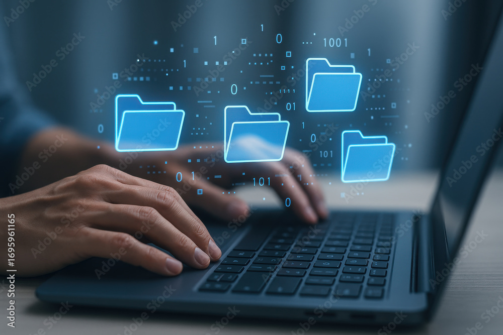 Obraz premium Digital file management concept with hands typing on laptop keyboard and folder icons