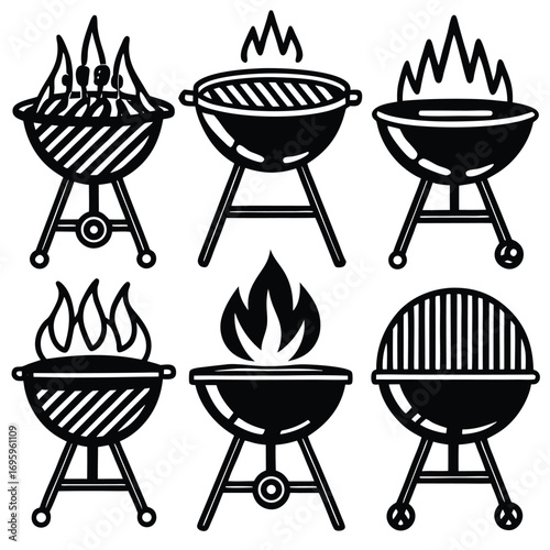 Barbecue Grill Icon Set – Black and White Illustrations of Charcoal Grills, Flames, and Briquettes for Outdoor Cooking Themes