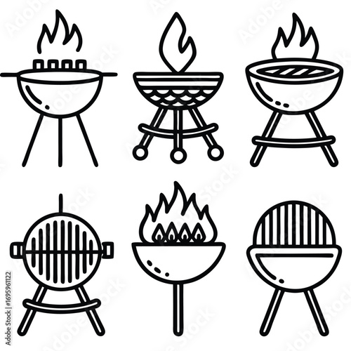 Barbecue Grill Icon Set – Black and White Illustrations of Charcoal Grills, Flames, and Briquettes for Outdoor Cooking Themes