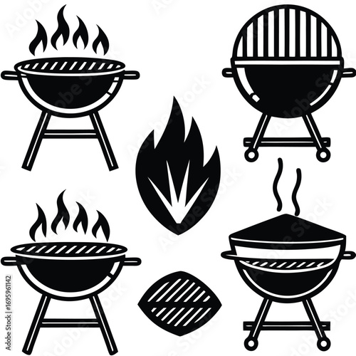 Barbecue Grill Icon Set – Black and White Illustrations of Charcoal Grills, Flames, and Briquettes for Outdoor Cooking Themes