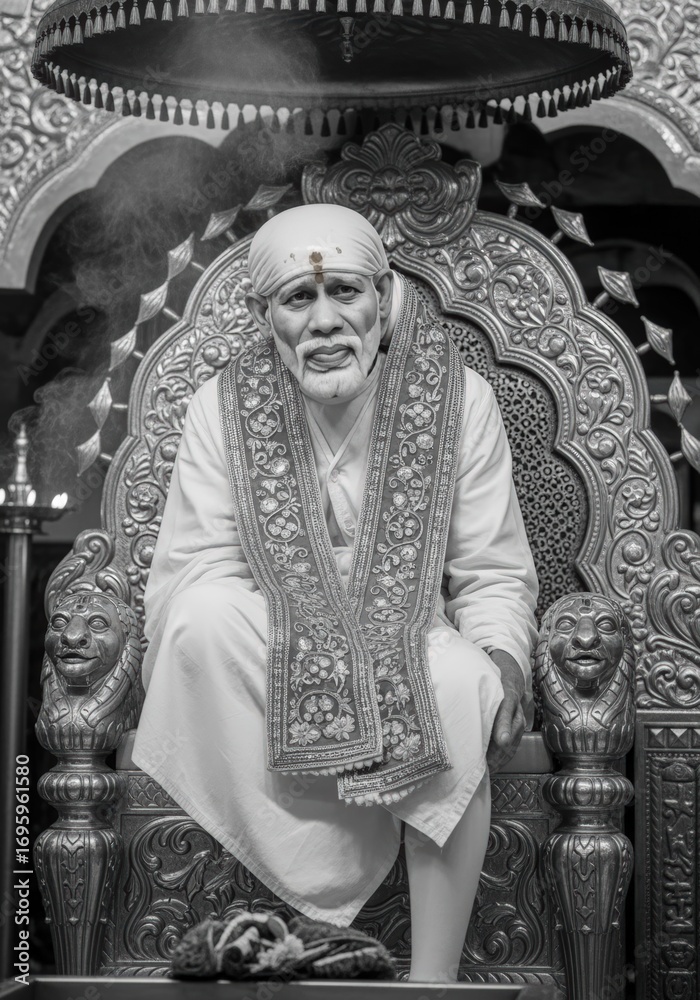Obraz premium Black and white portrait of sai baba seated on an ornate throne, radiating serenity and spiritual presence