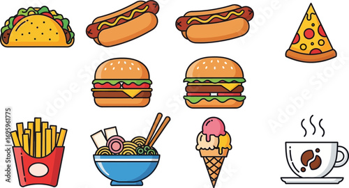 Vibrant collection of popular fast food and comfort food illustrations