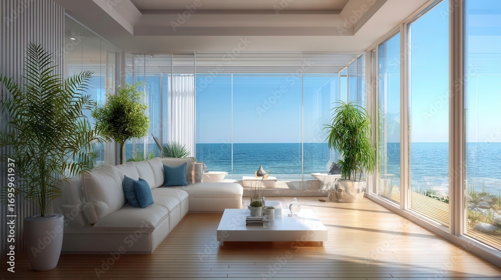 Fototapeta premium Coastal Living Room Design, Ocean View, Modern Interior