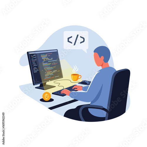 Male programmer software developer coding on a desktop computer.