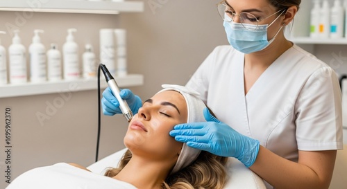 Skincare professional performs facial treatment with modern device