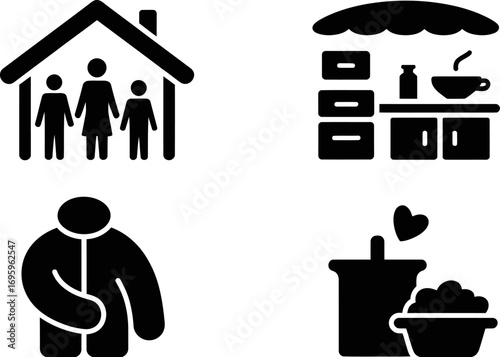 Simple icons representing family, food stall, and person