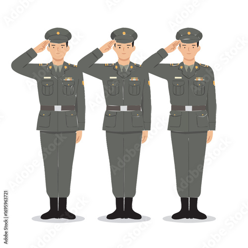 Three Soldiers Saluting in Uniform Illustration on White Background