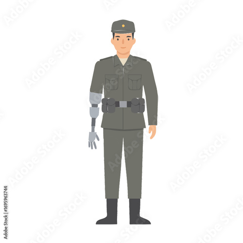 Soldier with Prosthetic Arm in Military Uniform Isolated on White Background