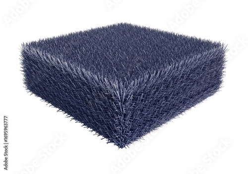 A precision-cut, low-lying deep indigo synthetic turf block with metallic sheen, on a transparent background with crisp shadows, studio lighting. Concept of modern design and material innovation