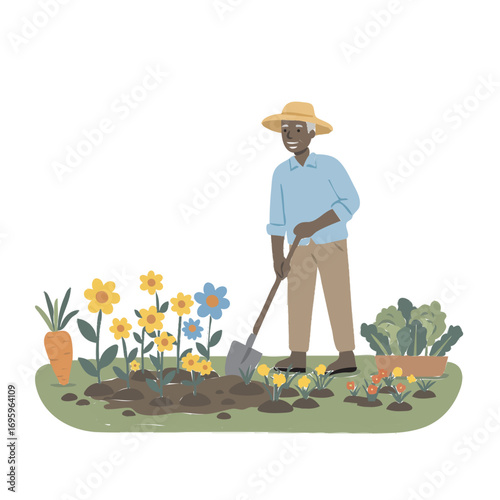 Happy Farmer Gardening in Garden with Flowers and Vegetables Illustration
