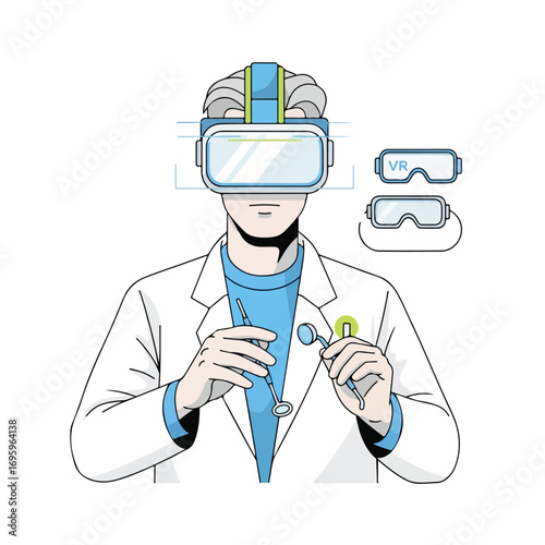 Medical professional using a virtual reality headset for dental training simulation.